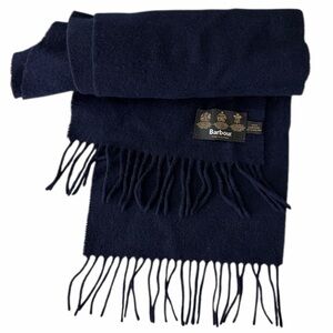 Barbour 100% Lamb Wool Navy Blue‎ Fringed Scarf